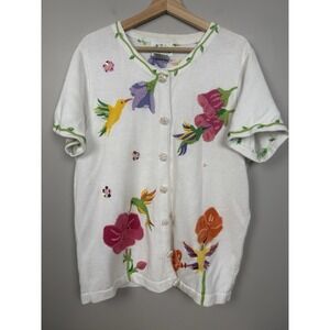 VTG Quacker Factory Embroidered Sweater Medium Hummingbird Floral‎ Bead Cottage